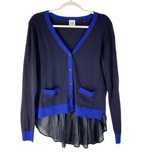 Cabi Michelle Cardigan Sweater Sheer Ruffle Style 5016 Blue Womens Size Medium